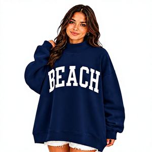 High Quality Custom Applique Logo Winter/Autumn <b>Fleece</b> Relaxed Fit <b>Women's</b> <b>Navy</b> Oversized Long Sleeve Mock Neck Pullover Drop - Product Image 1
