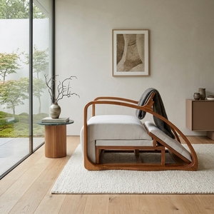 Sillón de Madera de Teca Sólida, Diseño Curvo Orgánico Moderno, Sillón para Sala de Estar Tapizado en Crema, Muebles para Descanso - Product Image 4