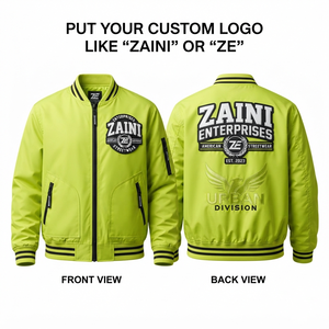 เสื้อแจ็คเก็ตบอมเบอร์กันลมสำหรับผู้ชาย ผ้าโพลีเอสเตอร์/ไนลอน 120 GSM คอและปลายแขนเสื้อแบบริบ ปักโลโก้ตามสั่ง สีเขียวมะนาว ซิปยาวเต็มตัว - Product Image 1