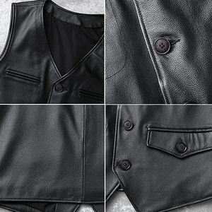 Nouveau modèle 2025 – Gilet haut de gamme pour homme en jean noir et cuir de vachette, col en V, simple boutonnage, écologique, pour l'automne, avec fourrure - Product Image 6