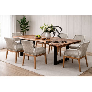 Juego de Mesa de Comedor de Madera Monkey Pod con 8 Sillas de Respaldo Sólido y Detalles de Cuerda Tejida, Diseño Moderno para Comedores - Product Image 3
