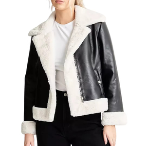 Chaqueta Bomber de Piel Sintética Negra para Mujer con Forro de Piel Sintética Blanca, Cierre de Cremallera, Abrigo Cálido de Invierno - Product Image 3