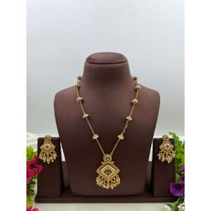 Indian Ethnic Maya Heritage Delicate Semi Long Gold Plated Bridal Necklace Set - Product Image 1