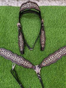 2026 Meilleures ventes Ensemble d'équipement équestre saisonnier léger fait main en cuir de vachette motif léopard pour selle western, avec têtière et collier de poitrail - Product Image 4