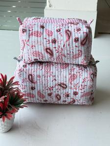 Juego de 3 Bolsas de Cosméticos Acolchadas de Algodón, Bordado Floral Azul, Estilo Vintage, Tamaño Mediano, Cierre de Cremallera Multifuncional - Product Image 1