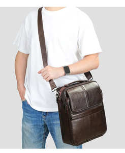Sac messager en cuir véritable pour homme, couleur unie, sac bandoulière avec fermeture éclair, grande capacité, style professionnel - Product Image 2