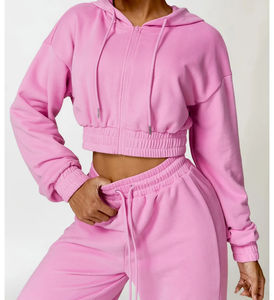 100% Organic Cotton <b>Women's</b> Zip-up Sweatshirt Puff Printing Sports Casual <b>Crop</b> Top Hoodie Embroidered Autumn/Winter Terry Fabric - Product Image 1