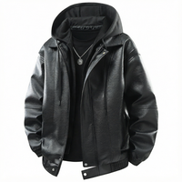 Veste en cuir PU noire à capuche pour homme, fermeture éclair, col rabattu, style décontracté, veste de motard ample