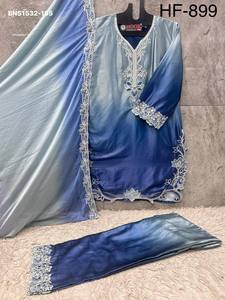 Hermoso conjunto de satén Malai con detalles sombreados y bordados, traje de manga larga, pantalón palazzo y dupatta, para mujer, exportador de moda. - Product Image 4