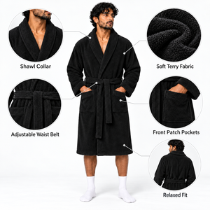 Peignoir Homme en Flanelle Noire 100% Coton à Col Châle, Manches Longues, Ceinture et Poches – Doux, Absorbant, Respirant, Séchage Rapide, Thermique, Idéal Spa et Maison - Product Image 5