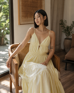 เดรสยาวทรงโบฮีเมียนสีเหลืองสุดชิค คอวี สายเดี่ยว ผ้าฝ้ายระบายอากาศดี เหมาะสำหรับใส่ไปเที่ยวทะเล แฟชั่นฤดูร้อนสำหรับผู้หญิง - Product Image 2