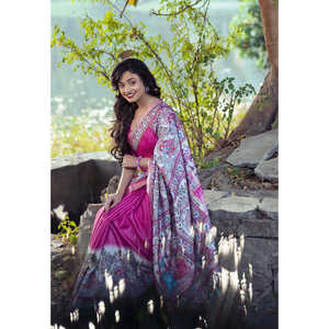 Sari en soie Tussar élégant à imprimé Madhubani, bordure tissée Zari, protection solaire, couleur rose, pour femmes indiennes/pakistanaises - Product Image 6