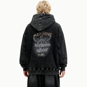 Sweat-shirt à capuche oversize pour homme, noir, en coton French Terry délavé à l'acide, imprimé Freedom, décontracté, pour l'automne - Product Image 3
