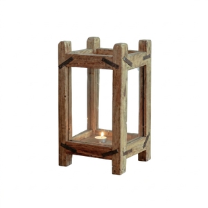 Portavelas de madera rústico, linterna de madera con panel de vidrio, centro de mesa premium, decoración vintage estilo granja, soporte para velas de té. - Product Image 1