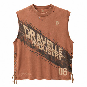 Oversized Boxy Streetwear Muscle Tee Tank <b>Top</b>, Vintage Washed Cotton Slub Jersey, Distressed Graphic Print, Lace-Up Side Detail - Product Image 3