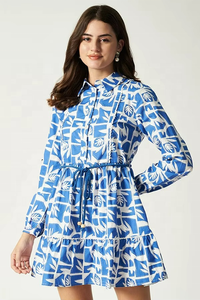 Vestido Camisero Elegante de Algodón Tejido para Mujer, con Encaje Estampado y Botones, Azul Fresco, Túnica Casual para Otoño, Precio al por Mayor - Product Image 2