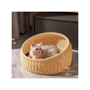 Lit pour chat en osier naturel, panier de couchage portable pour animaux de compagnie d'intérieur - Product Image 3