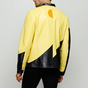 <b>Men's</b> Color Blocking PU Leather Bomber <b>Jacket</b> Stand Collar Zipper Closure Moto <b>Biker</b> Style Autumn Wear - Product Image 3