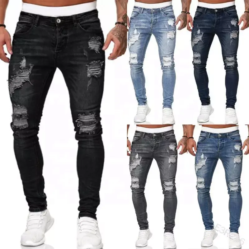 Pantalones vaqueros elásticos para hombre, Jeans rasgados ajustados, nuevos