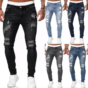 New Fashion Estiramento Denim Calças Skinny Jeans Rasgado calças de Brim dos homens Calças de Brim Dos Homens