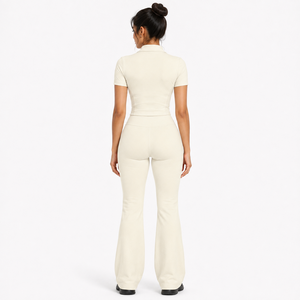 Conjunto de Yoga para Mujer, Top de Manga Corta con Cierre, Pantalones Acampanados de Cintura Alta, Ropa Deportiva, Conjunto de Yoga Elástico de 2 Piezas Personalizado OEM - Product Image 2