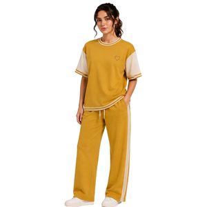 Mustard And <b>White</b> Women Short Sleeve T Shirt And Wide Leg Pants Lounge <b>Set</b> Custom Casual Two <b>Piece</b> Outfit With Contrast Panels - Product Image 1