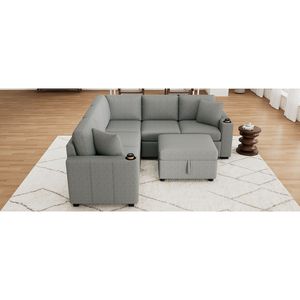 Divano letto convertibile estraibile da 215 cm a forma di L con pouf contenitore mobile, divano componibile a U per soggiorno - Product Image 2