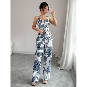 Womens Blue & White Printed Peplum Top with Wide Leg Pants Co ord <b>Set</b> - Product Image 2
