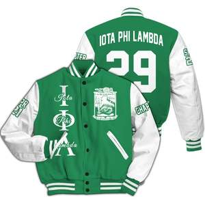 Chaqueta Universitaria Personalizada para Mujer Iota Phi Lambda, Color Verde Esmeralda en el Cuerpo, Mangas Blancas, Letras, Escudo, Número y Año, Estilo Bomber - Product Image 3