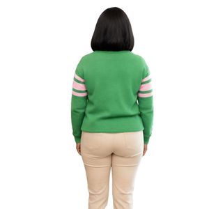 Pull en tricot vert pour femme, motif rayé rose, manches longues, col rond, décontracté, tendance, chaud et confortable pour tous les jours - Product Image 2