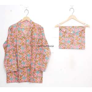 Ensemble de vêtements de nuit pour femmes en coton 100% pur, nouveau design, luxueux, ensembles de pyjamas doux, manches longues, motif floral, taille élastique, respirant - Product Image 2