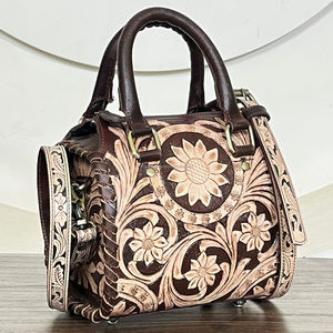 Luxury Hand Tooled Genuine Carved <b>Leather</b> <b>Small</b> Duffel <b>Bags</b> New Boutique Style Floral Design Crossbody HandBag for Men & Women - Product Image 4