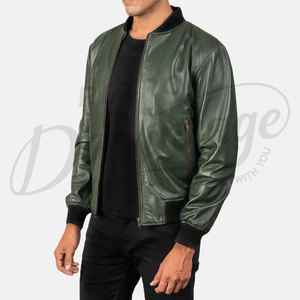 Men Dark Green Genuine <b>Leather</b> Bomber <b>Jacket</b> Slim Fit Casual Outerwear with Ribbed Trim and Zippered Side Pockets - Product Image 4