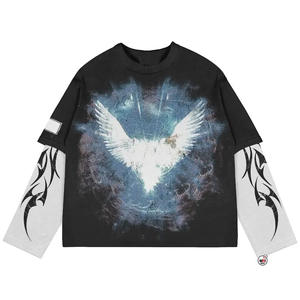 T-shirts à manches longues les plus vendus avec imprimé ailes d'ange, bordure contrastante, style streetwear, col rond, jersey de coton, coupe ajustée, double t-shirt - Product Image 1