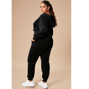 Mono largo de terciopelo negro con capucha y manga larga para mujer, cintura alta, ajuste ceñido, cremallera frontal, ropa de club - Product Image 2