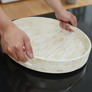 Premium Round <b>White</b> Mother Of Pearl Serving Tray Modern Tiles Pattern Decorative Table Food Platter Wholesale - Product Image 3