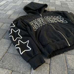 Sweat à capuche unisexe noir Snow Grace à fermeture éclair, coupe oversize, imprimé étoiles, en coton tricoté, décontracté, pour l'hiver - Product Image 5