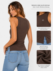 Débardeur dos nageur couleur unie, coupe ajustée personnalisée, fente latérale, col rond, sans manches, pour femme, gilet d'été, camisole basique coupe slim, ODM - Product Image 2