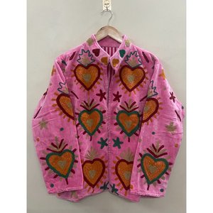 Pink Embroidered Knitted Velvet Cotton Jacket <b>Women</b> Mandarin Collar Full Sleeve Autumn Floral Pattern Open Front <b>Coat</b> - Product Image 6