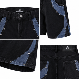 Pantalones Cortos de Mezclilla para Hombre, 100% Algodón, Transpirables, Estilo Urbano, Paneles en Contraste, Cintura Media, Lavado a la Piedra, Estilo Casual de Verano - Product Image 4