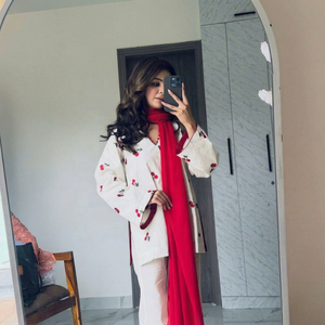Elegant Embroidered <b>Kurta</b> Set With Red Dupatta <b>Women</b> Traditional Casual Wear India Pakistan Style Loose Fit - Product Image 1