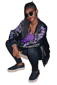 Black Satin Bomber <b>Jacket</b> With Purple Floral Embroidery Full Sleeve Zipper Closure Women's Autumn Fashion <b>Jacket</b> - Product Image 4
