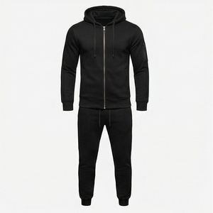 Ensemble de survêtement noir à capuche pour homme, sweat-shirt zippé et pantalon de jogging, tenue de sport décontractée, couleur unie, respirant, en polyester, pour l'automne - Product Image 1