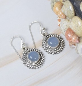 Pendientes de Calcedonia Azul Natural al por Mayor, Plata de Ley 925, Hechos a Mano, Redondos, Colgantes, Estilo Boho Vintage - Product Image 2