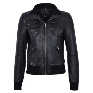 Chaqueta Bomber de Piel de Cordero Genuina para Mujer, Cuello de Punto Acanalado, Cierre Frontal con Cremallera, Estilo Casual y Motero, Fabricación Personalizada OEM ODM - Product Image 1