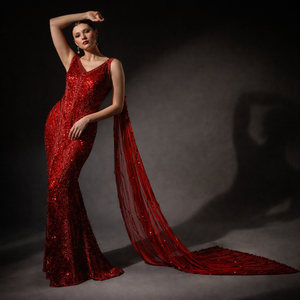 Luxury Modern Designer Women's Short Gown | Hand-Embroidered Black Beads Halter Neckline Floor-Length | Wedding Party Red Dress - Product Image 2