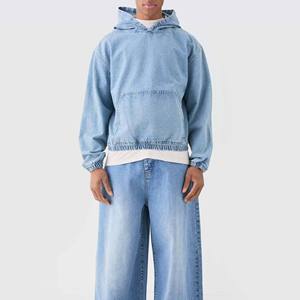 French Terry Oversize Heavyweight Thick Drop Shoulder Jean Denim Hoodie Elastic Stretchable <b>Raincoat</b> Jeans <b>Men</b> Hooded Breathable - Product Image 1