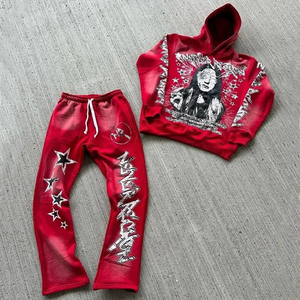 Ensemble de survêtement personnalisé délavé à l'acide, coupe évasée, épais, avec impression sérigraphiée, comprenant un sweat à capuche et un pantalon de survêtement effet vieilli - Product Image 1