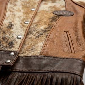 <b>Collarless</b> Cowhide Hair On Hide <b>Womens</b> Fringe Leather <b>Jacket</b> Western Style Tan Brown Panel Cropped Peplum Riding Coat - Product Image 6