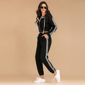Women sportswear stitching stripe tracksuit zipper crop top <b>hoodie</b> with matching yoga pants - Product Image 2